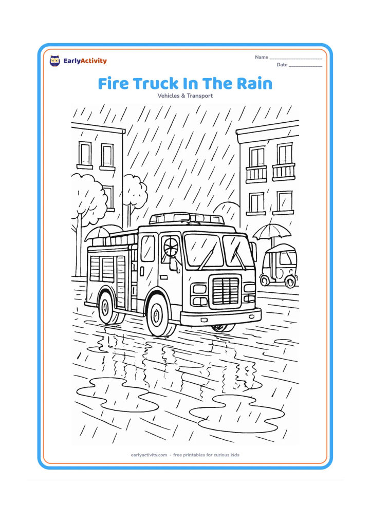 Colouring page: Draw a detailed fire engine moving through a rainy city street, with windshield wipers, roof lights, a firefighter at the window and reflections in puddles. Include umbrellas, trees,…
