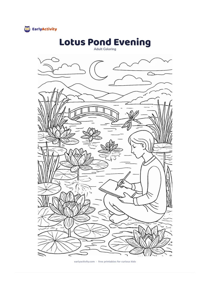 Colouring page: Draw a serene lotus pond at twilight with a seated person sketching beside the water, open lotus flowers, lily pads, dragonflies, reeds, a small wooden bridge, and hills beneath a…