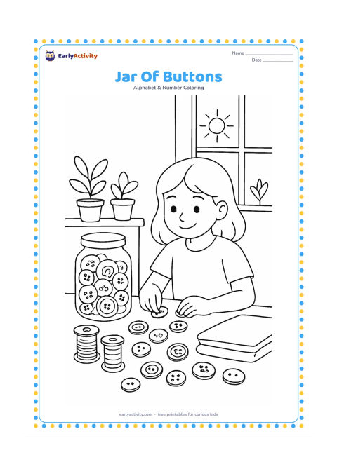 Colouring page: Draw a glass jar filled with large assorted buttons beside a sewing basket, spools of thread, folded fabric, and a child sorting buttons at a craft table. Include a sunny window and a…