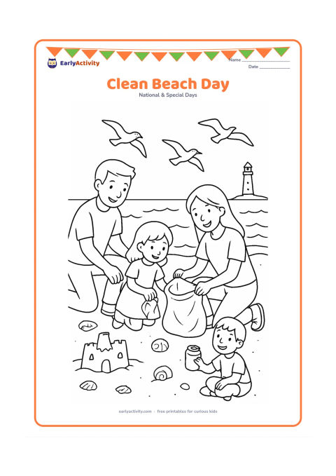 Colouring page: Draw a family collecting a bottle, a food wrapper and a can from a clean beach while seabirds fly above. Include waves, a sandcastle, shells, a simple bag and a distant lighthouse…
