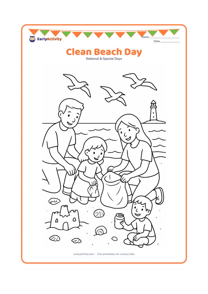 Colouring page: Draw a family collecting a bottle, a food wrapper and a can from a clean beach while seabirds fly above. Include waves, a sandcastle, shells, a simple bag and a distant lighthouse…