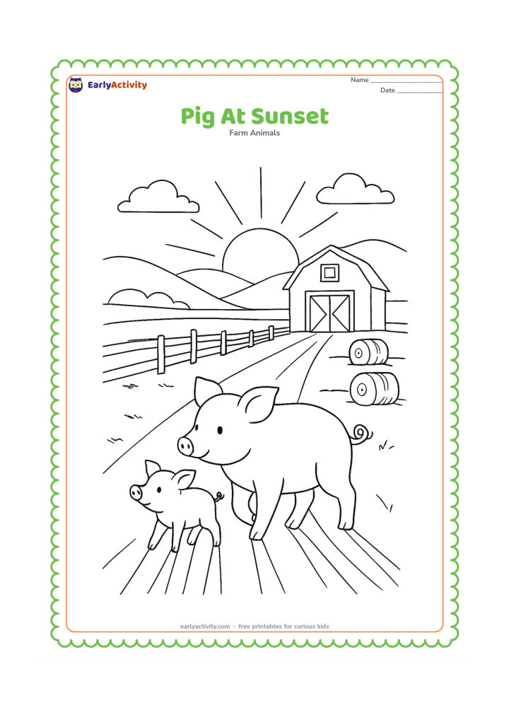 Colouring page: A piglet and its mother walk home toward a barn at sunset, with a glowing sun low behind distant fields, a fence, hay bales and long shadows.
