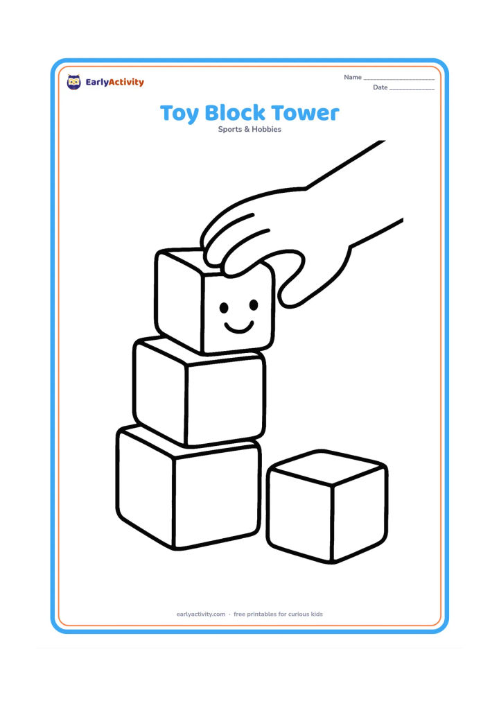 Colouring page: Three large toy blocks stacked into a short tower, with a fourth block beside them and a smiling child's hand placing it on top. Show clear, chunky block shapes.