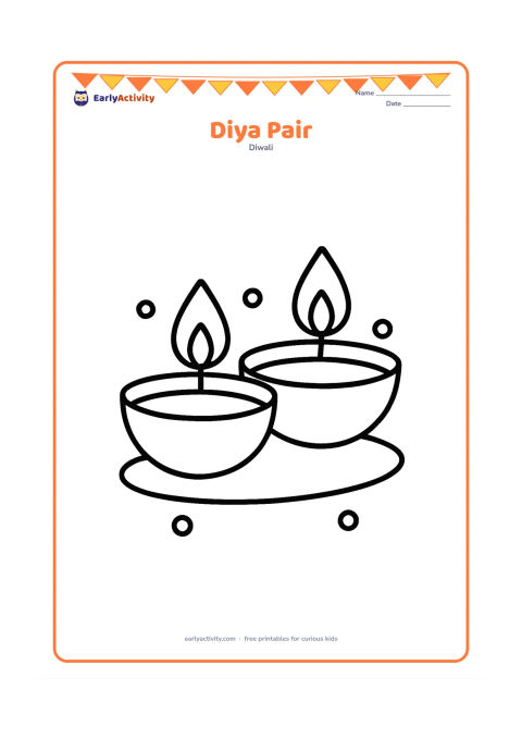 Colouring page: Draw two large diyas side by side, each with a rounded bowl and a gentle flame. Add a simple curved mat beneath them and a few large dots around the bowls.