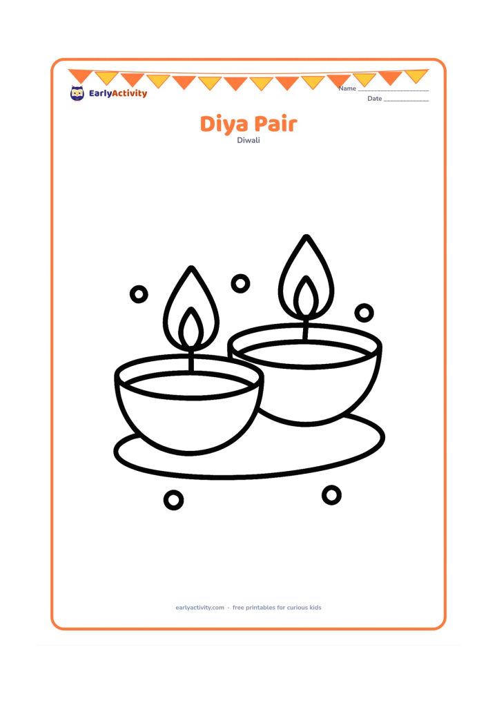 Colouring page: Draw two large diyas side by side, each with a rounded bowl and a gentle flame. Add a simple curved mat beneath them and a few large dots around the bowls.
