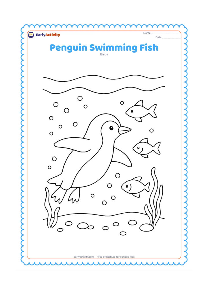 Colouring page: Draw a penguin swimming underwater past three differently shaped fish, with its flippers extended and feet trailing behind. Add bubbles, seaweed, a pebbly seabed, and a curved ice edge…