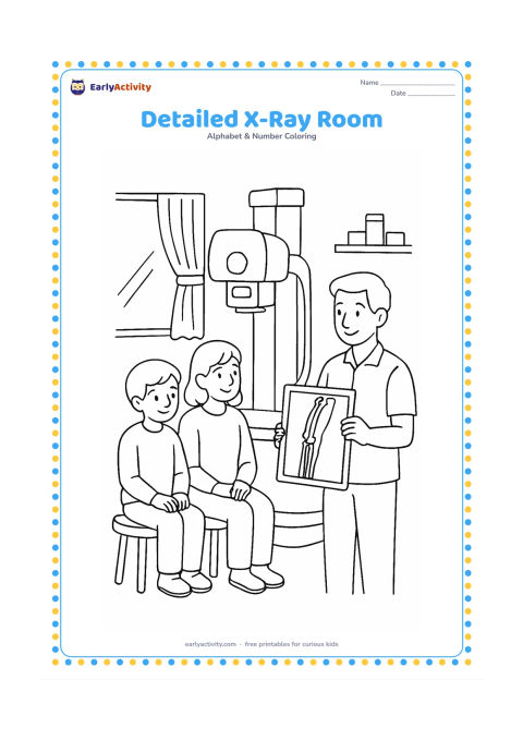 Colouring page: Draw a calm hospital imaging room with a child and parent waiting beside an X-ray machine, while a technician prepares a plate showing a simple full arm skeleton. Include a window,…