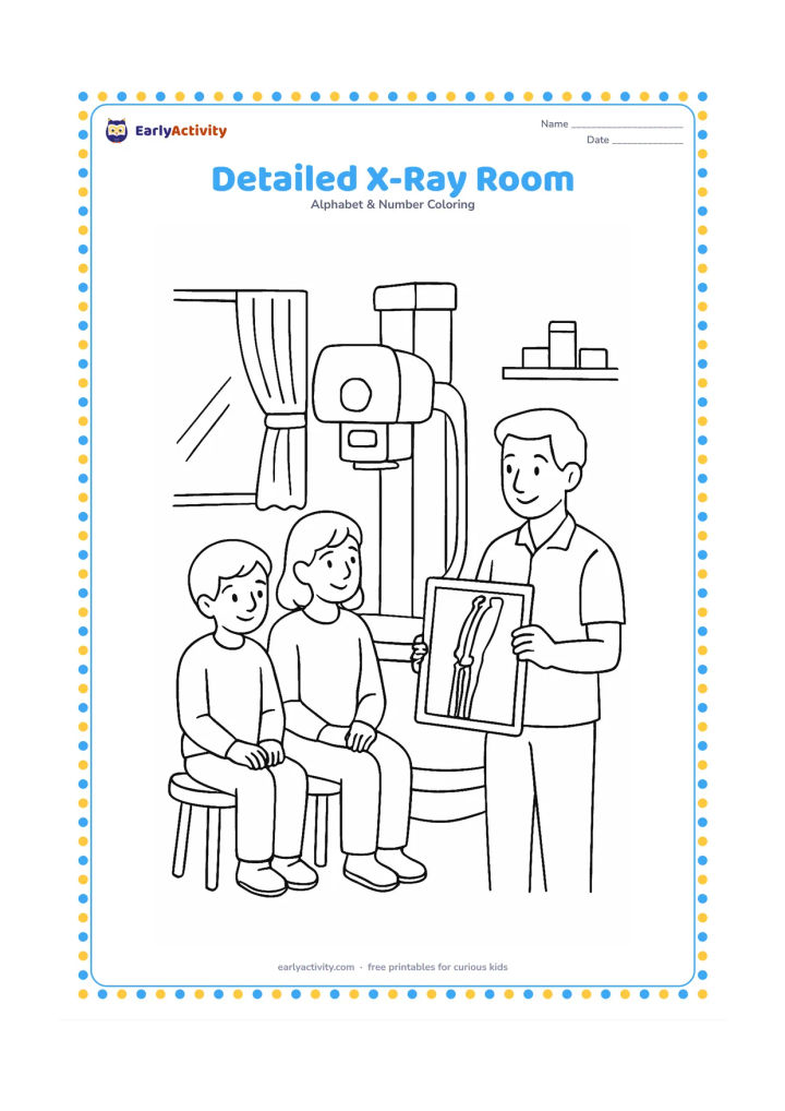 Colouring page: Draw a calm hospital imaging room with a child and parent waiting beside an X-ray machine, while a technician prepares a plate showing a simple full arm skeleton. Include a window,…