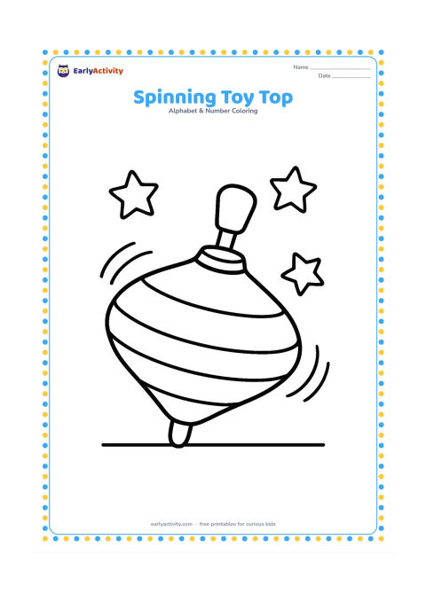 Colouring page: Draw a large toy spinning top tilted as it spins, with curved motion lines and three simple stars around it. Place it on a clear floor line.