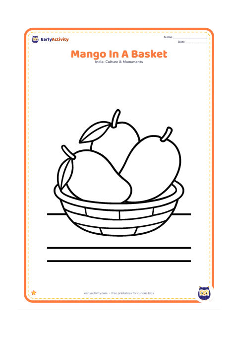 Colouring page: Draw three large mangoes in a shallow woven basket, with two leaves attached to one mango. Place the basket on a simple kitchen table.