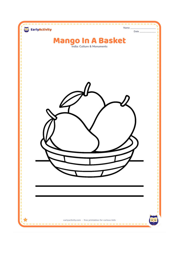 Colouring page: Draw three large mangoes in a shallow woven basket, with two leaves attached to one mango. Place the basket on a simple kitchen table.