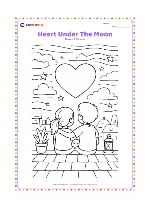 Colouring page: Two friends sit on a rooftop looking at a large heart-shaped moon, with stars, clouds, distant rooftops, potted plants, and a small lantern around them.