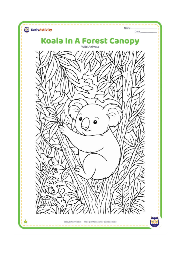 Colouring page: Draw a koala nestled among dense eucalyptus branches, reaching for a leaf cluster with one paw. Fill the scene with overlapping foliage, varied bark patterns, vines, ferns and glimpses…