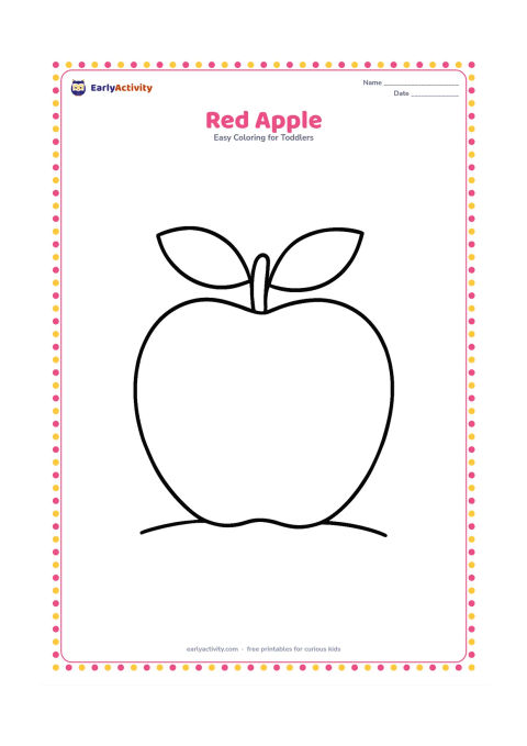 Colouring page: One large apple with a short stem and two simple leaves sits in the centre of the page. Add a small curved ground line beneath it.