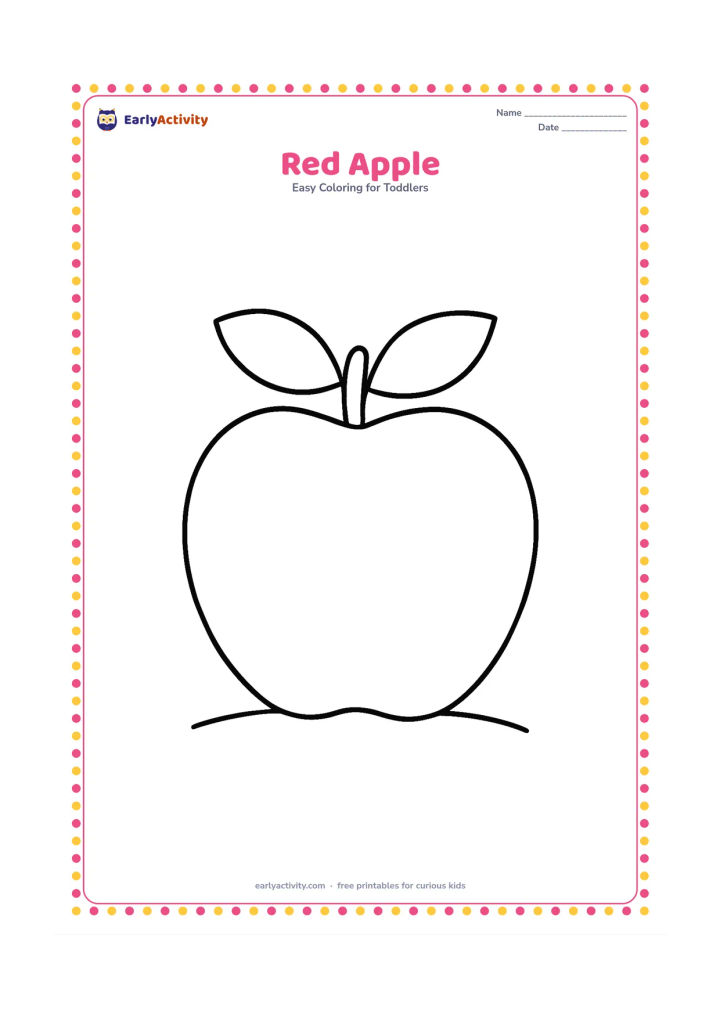 Colouring page: One large apple with a short stem and two simple leaves sits in the centre of the page. Add a small curved ground line beneath it.