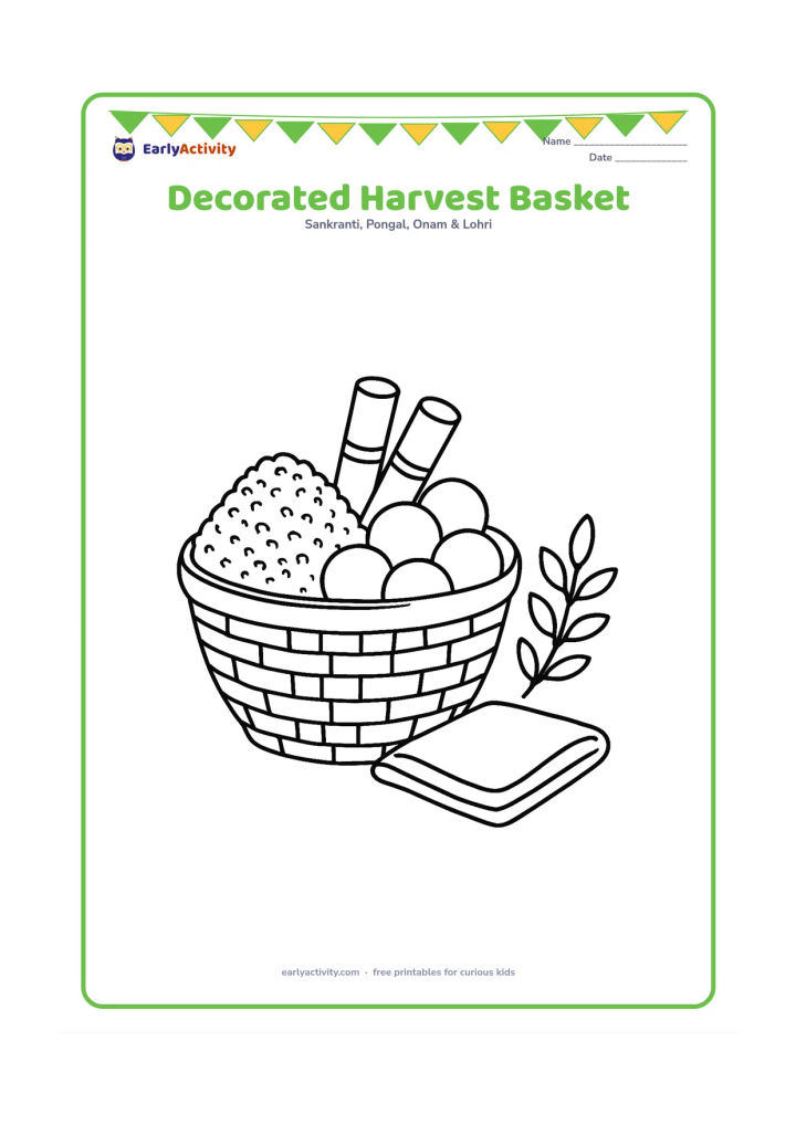 Colouring page: A woven basket filled with rice, sesame, sugarcane pieces, and round laddoos sits beside a small festive cloth and leafy sprigs.
