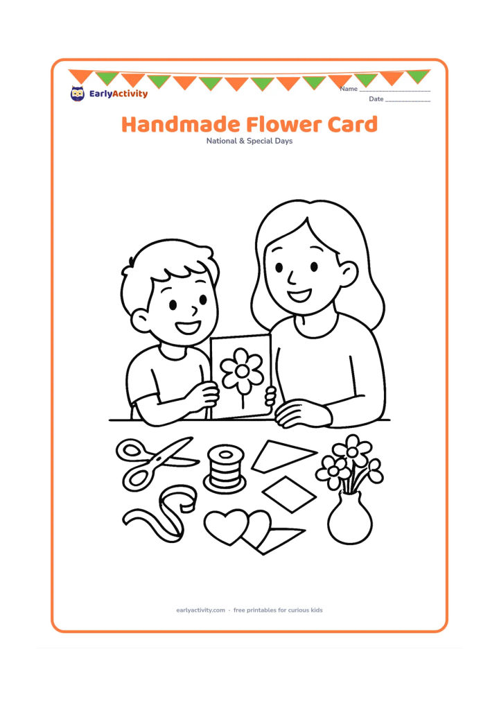 Colouring page: A child presents a blank handmade card with a large flower on its front to a smiling mother at a craft table. Surround them with scissors, ribbon, paper shapes and a small vase of…