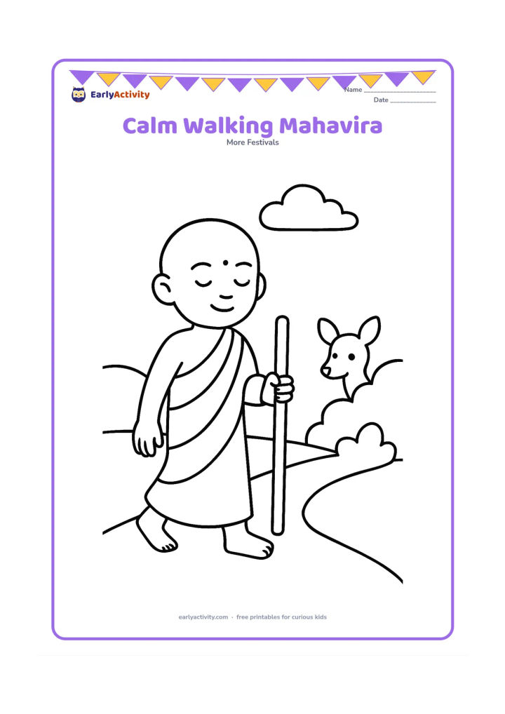Colouring page: Draw Lord Mahavira walking peacefully along a simple path with a staff at his side, while a small deer watches from behind a bush.