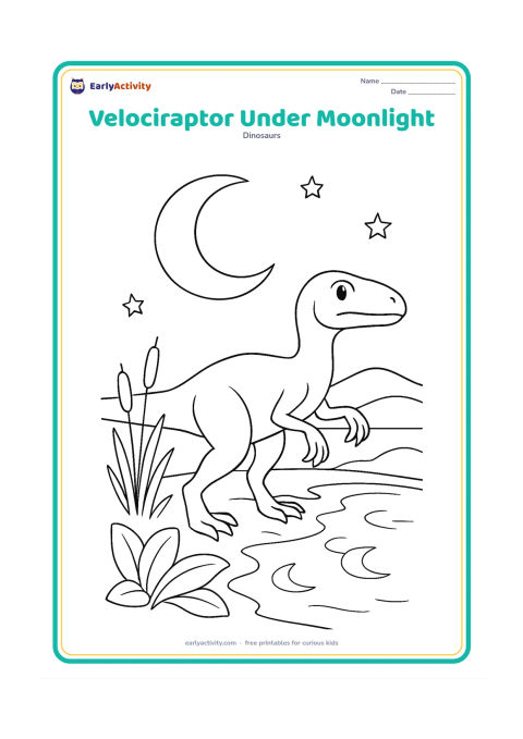 Colouring page: A velociraptor stands beside a pool beneath a large crescent moon, with reeds, broad leaves, distant hills, and reflected moon shapes in the water. Add a few stars without any patterns…