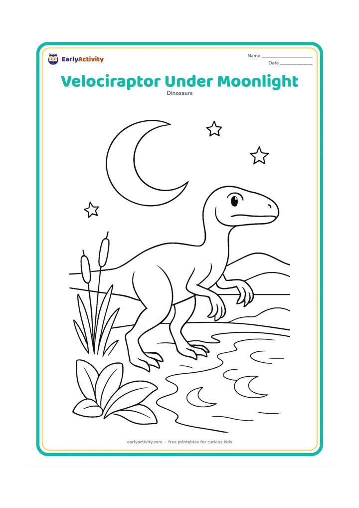 Colouring page: A velociraptor stands beside a pool beneath a large crescent moon, with reeds, broad leaves, distant hills, and reflected moon shapes in the water. Add a few stars without any patterns…