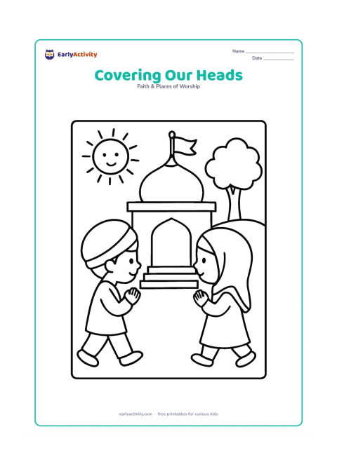 Colouring page: Show two children wearing simple head coverings as they approach a small gurudwara entrance respectfully. Add a dome, flag and a sunny sky with one tree.