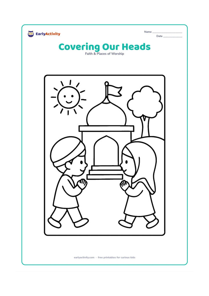 Colouring page: Show two children wearing simple head coverings as they approach a small gurudwara entrance respectfully. Add a dome, flag and a sunny sky with one tree.