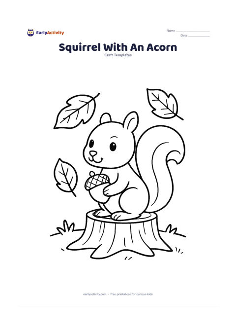Worksheet: Draw a squirrel sitting on a tree stump and holding one large acorn in its front paws, with a full curved tail behind its back. Add three broad autumn leaves and a simple woodland ground.