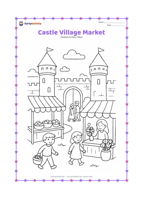 Colouring page: Draw a peaceful market outside a castle wall, with two small stalls, baskets of fruit, a flower seller, and villagers walking near the open gate. Show the castle towers and crenellated…
