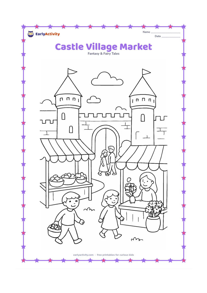 Colouring page: Draw a peaceful market outside a castle wall, with two small stalls, baskets of fruit, a flower seller, and villagers walking near the open gate. Show the castle towers and crenellated…