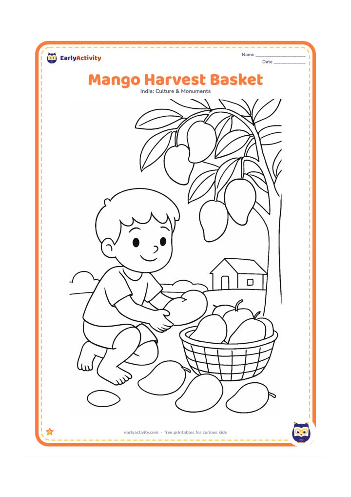 Colouring page: Draw a child placing freshly picked mangoes into a woven basket beneath a leafy mango tree. Show several mangoes on the ground, a simple rural house and a low field boundary in the…