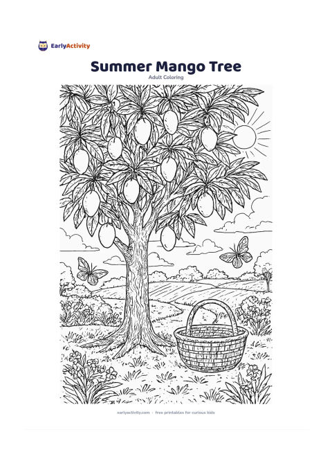 Colouring page: Draw a large mango tree in summer with ripe fruit, a woven basket beneath it, butterflies, grass, flowering shrubs, a rural path and distant fields. Include layered branches, textured…