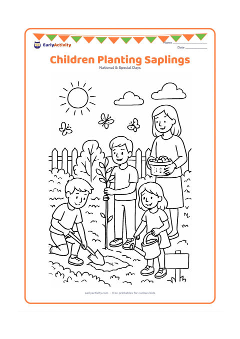 Colouring page: A group of children and a teacher plant young trees in a school garden, with one child digging, another holding a sapling, and others carrying a watering can and compost basket. Add…