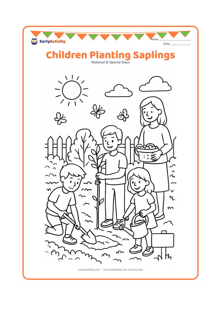 Colouring page: A group of children and a teacher plant young trees in a school garden, with one child digging, another holding a sapling, and others carrying a watering can and compost basket. Add…