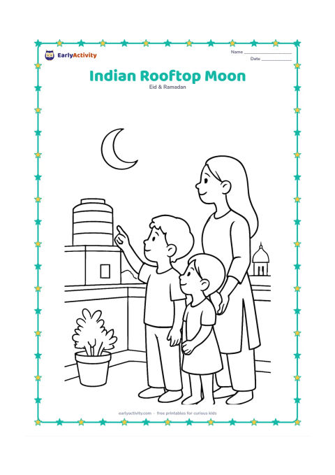 Colouring page: Draw children and a parent on an Indian rooftop looking toward a crescent moon, with a water tank, parapet, potted plants, and distant domes. One child points toward the sky.