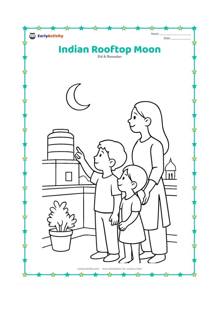 Colouring page: Draw children and a parent on an Indian rooftop looking toward a crescent moon, with a water tank, parapet, potted plants, and distant domes. One child points toward the sky.
