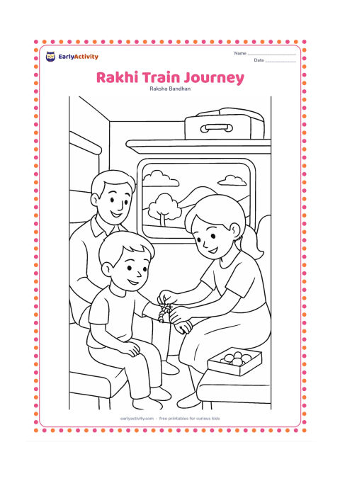 Colouring page: A child ties a rakhi on a sibling's wrist inside an Indian train compartment while a parent smiles nearby. Show a window with countryside, a luggage bag, seats, and a small sweets box.