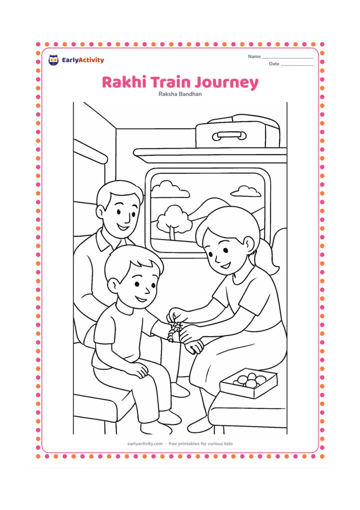 Colouring page: A child ties a rakhi on a sibling's wrist inside an Indian train compartment while a parent smiles nearby. Show a window with countryside, a luggage bag, seats, and a small sweets box.
