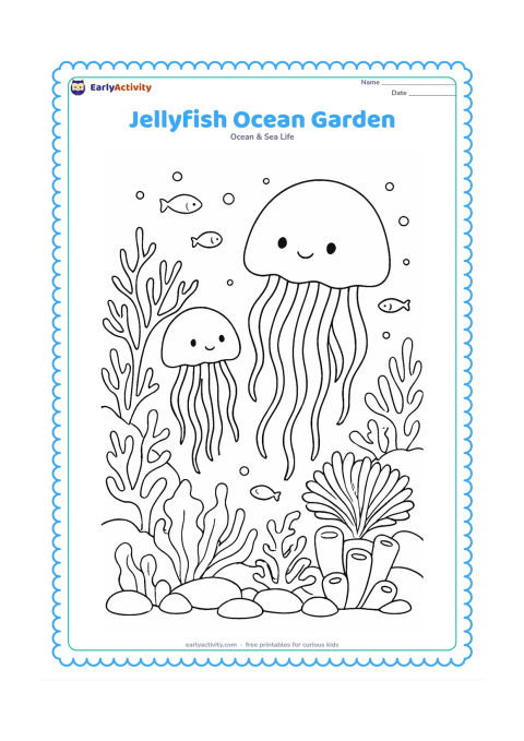 Colouring page: Draw two jellyfish of different sizes drifting through a rich underwater garden of branching coral, fan coral, sea plants and rounded rocks. Add several tiny fish and bubbles around them.