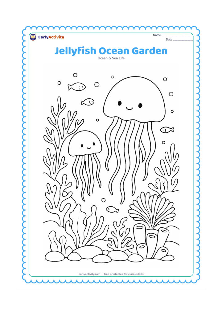 Colouring page: Draw two jellyfish of different sizes drifting through a rich underwater garden of branching coral, fan coral, sea plants and rounded rocks. Add several tiny fish and bubbles around them.