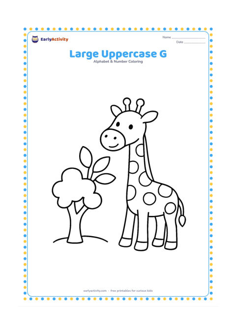 Colouring page: A friendly giraffe stands beside a low tree, reaching toward a few leaves. Leave a clear, uncluttered area around the central subject for the page template's uppercase G text.