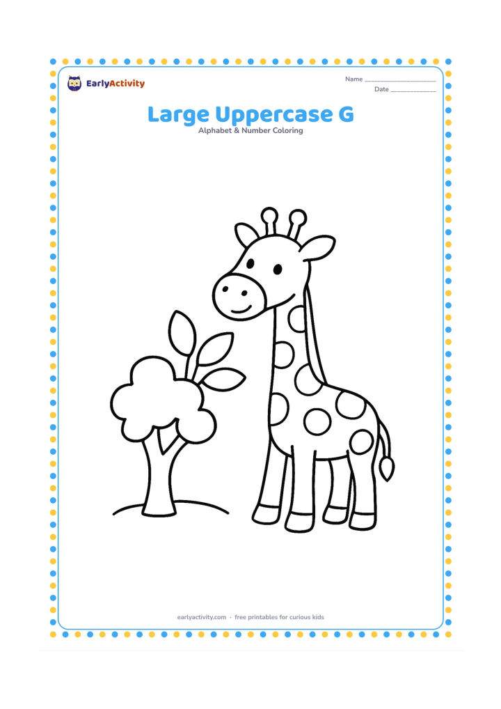 Colouring page: A friendly giraffe stands beside a low tree, reaching toward a few leaves. Leave a clear, uncluttered area around the central subject for the page template's uppercase G text.