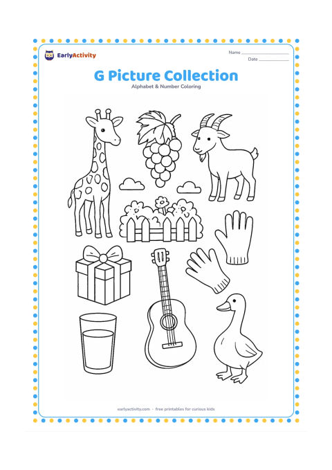 Colouring page: Create a detailed alphabet-themed picture collection without drawing any letters: a giraffe, grapes, goat, garden, gift, gloves, glass, guitar, goose, and guava arranged as separate…