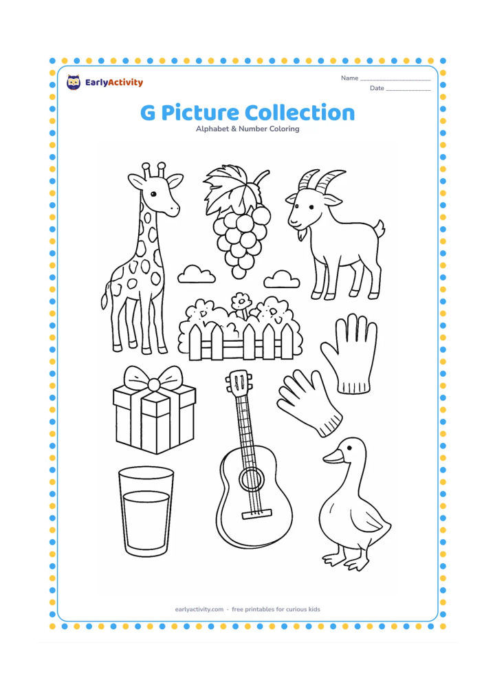 Colouring page: Create a detailed alphabet-themed picture collection without drawing any letters: a giraffe, grapes, goat, garden, gift, gloves, glass, guitar, goose, and guava arranged as separate…