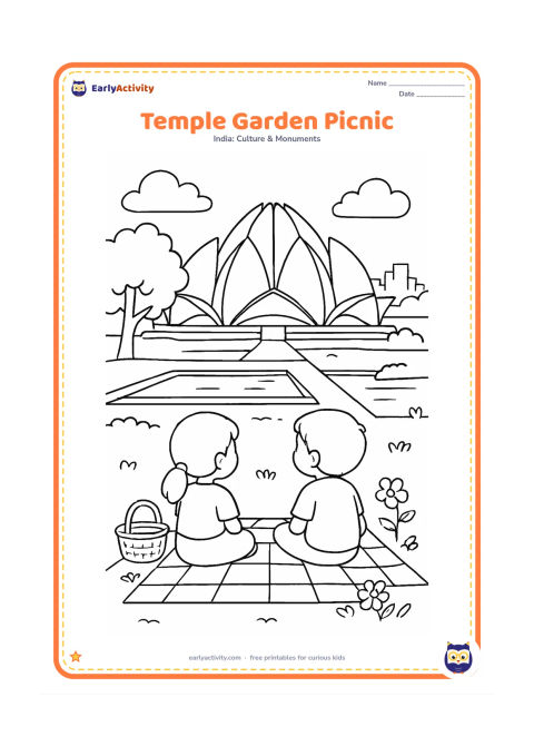 Colouring page: Show two children seated on a mat in a permitted-looking garden area, quietly viewing the Lotus Temple across a lawn and pools. Add a basket, a few flowers, a tree, and distant Delhi…