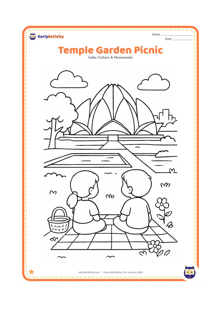 Colouring page: Show two children seated on a mat in a permitted-looking garden area, quietly viewing the Lotus Temple across a lawn and pools. Add a basket, a few flowers, a tree, and distant Delhi…