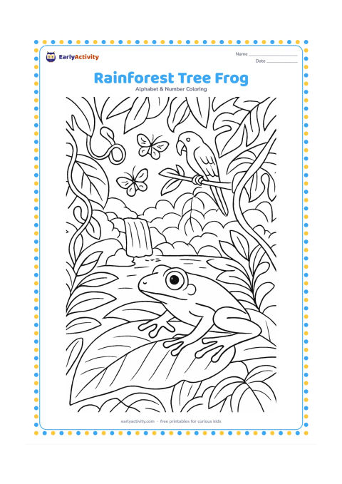 Colouring page: Draw a tree frog resting on a broad tropical leaf in a rainforest, with curling vines, layered leaves, a small waterfall, butterflies and a parrot in the background. Show the frog in a…