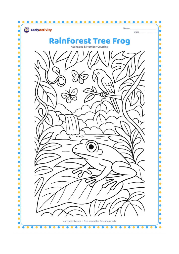 Colouring page: Draw a tree frog resting on a broad tropical leaf in a rainforest, with curling vines, layered leaves, a small waterfall, butterflies and a parrot in the background. Show the frog in a…