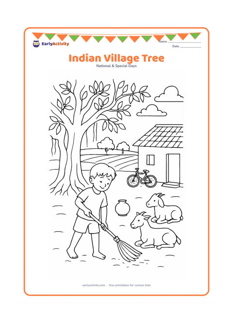 Colouring page: Draw an Indian village scene with a large banyan tree, a child sweeping a clean path, a clay water pot and two goats resting nearby. Include a simple house, a bicycle and distant fields.