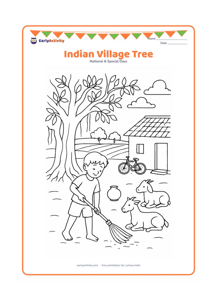 Colouring page: Draw an Indian village scene with a large banyan tree, a child sweeping a clean path, a clay water pot and two goats resting nearby. Include a simple house, a bicycle and distant fields.