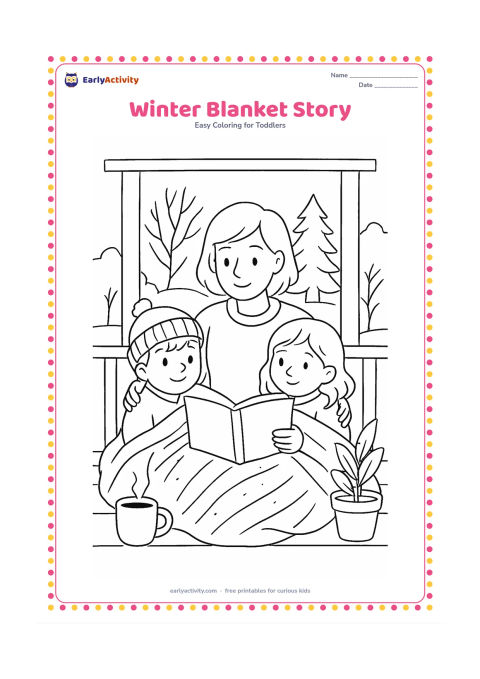 Colouring page: Draw two children sitting under a blanket on a veranda while an adult reads a picture book, with a steaming cup, potted plant, woolly cap and cool-season trees nearby.